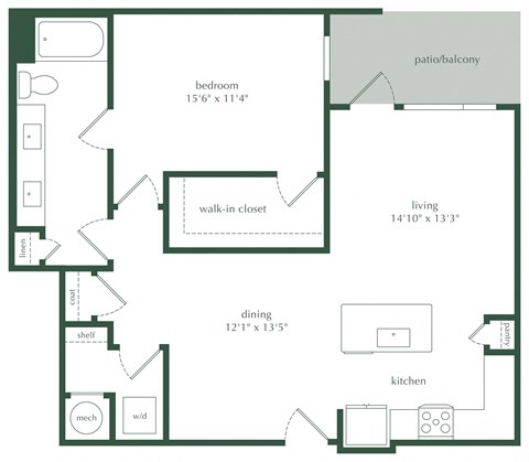 Floor plan for 1 bed, 1 bath, 951 sqft